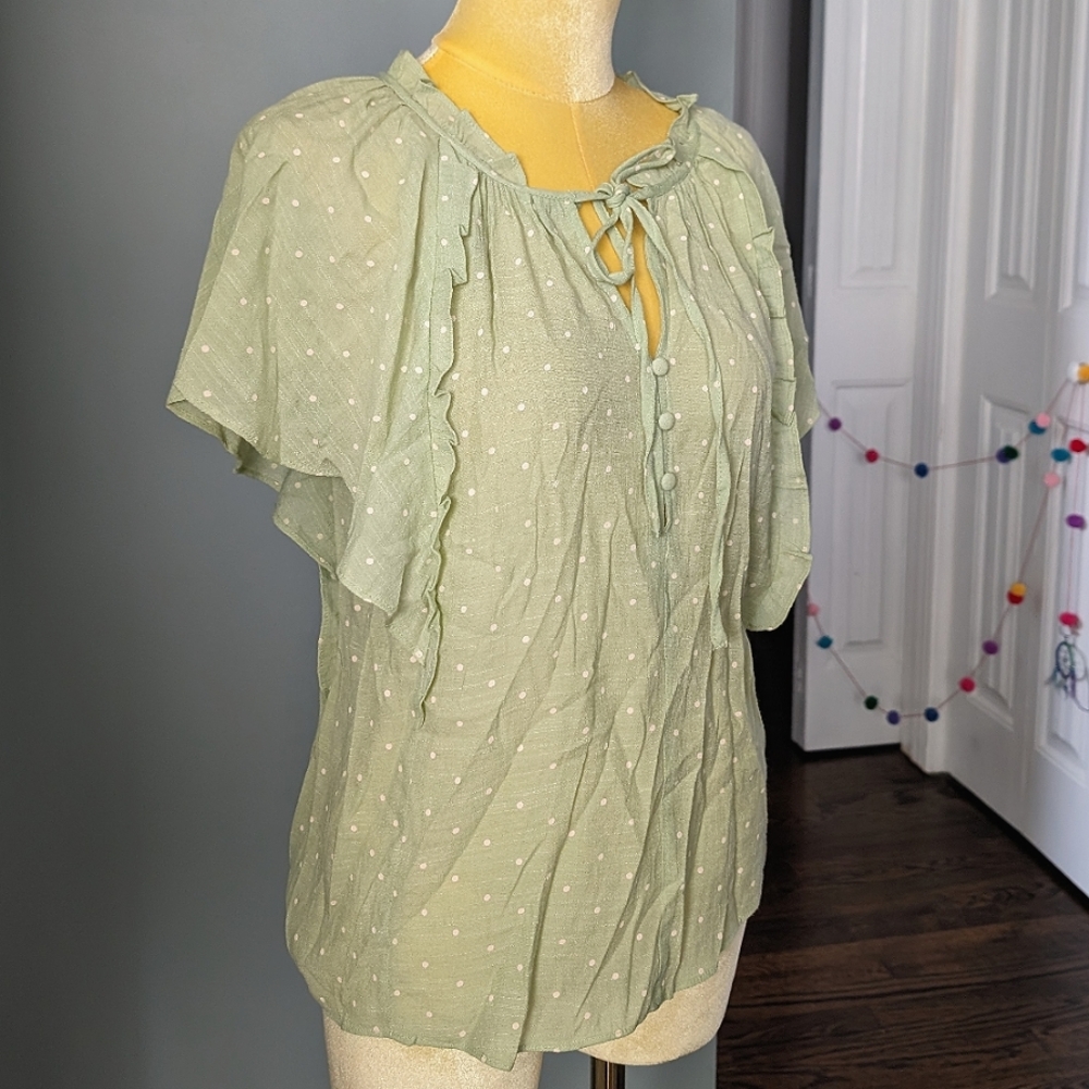 Womens Green Polka Dot Ruffled Blouse